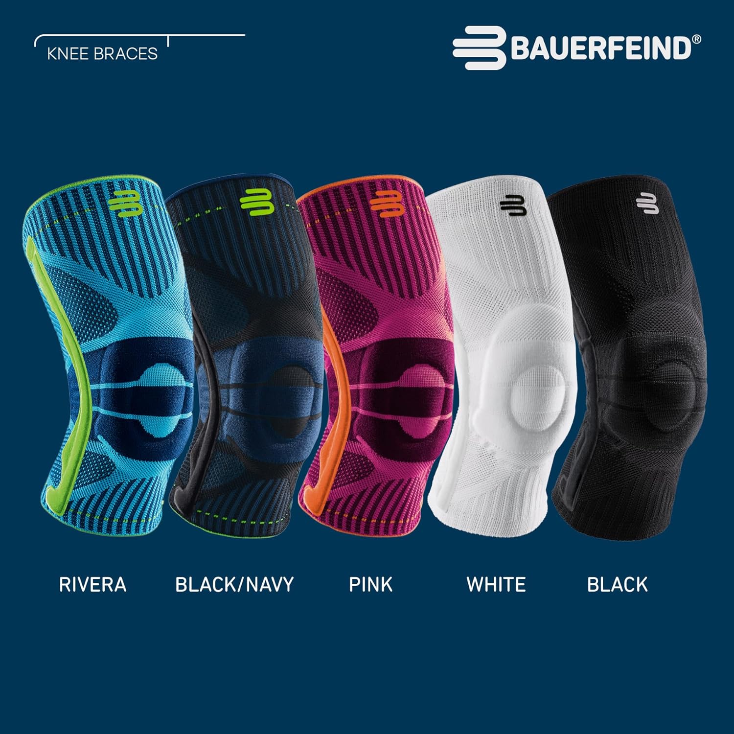 [Color] neoprene compression knee brace with targeted support panel, shown on leg during outdoor activity — view 3