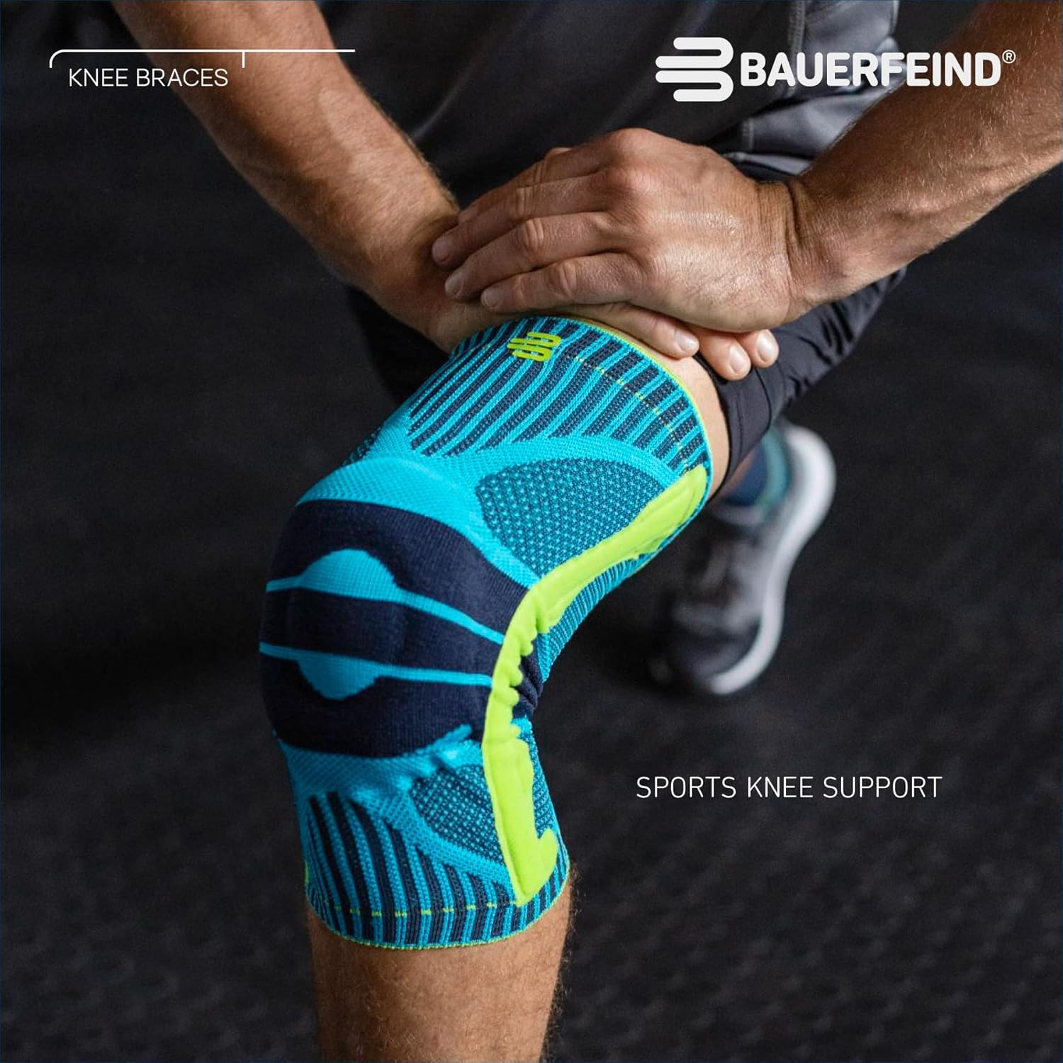 [Color] neoprene compression knee brace with targeted support panel, shown on leg during outdoor activity — view 4