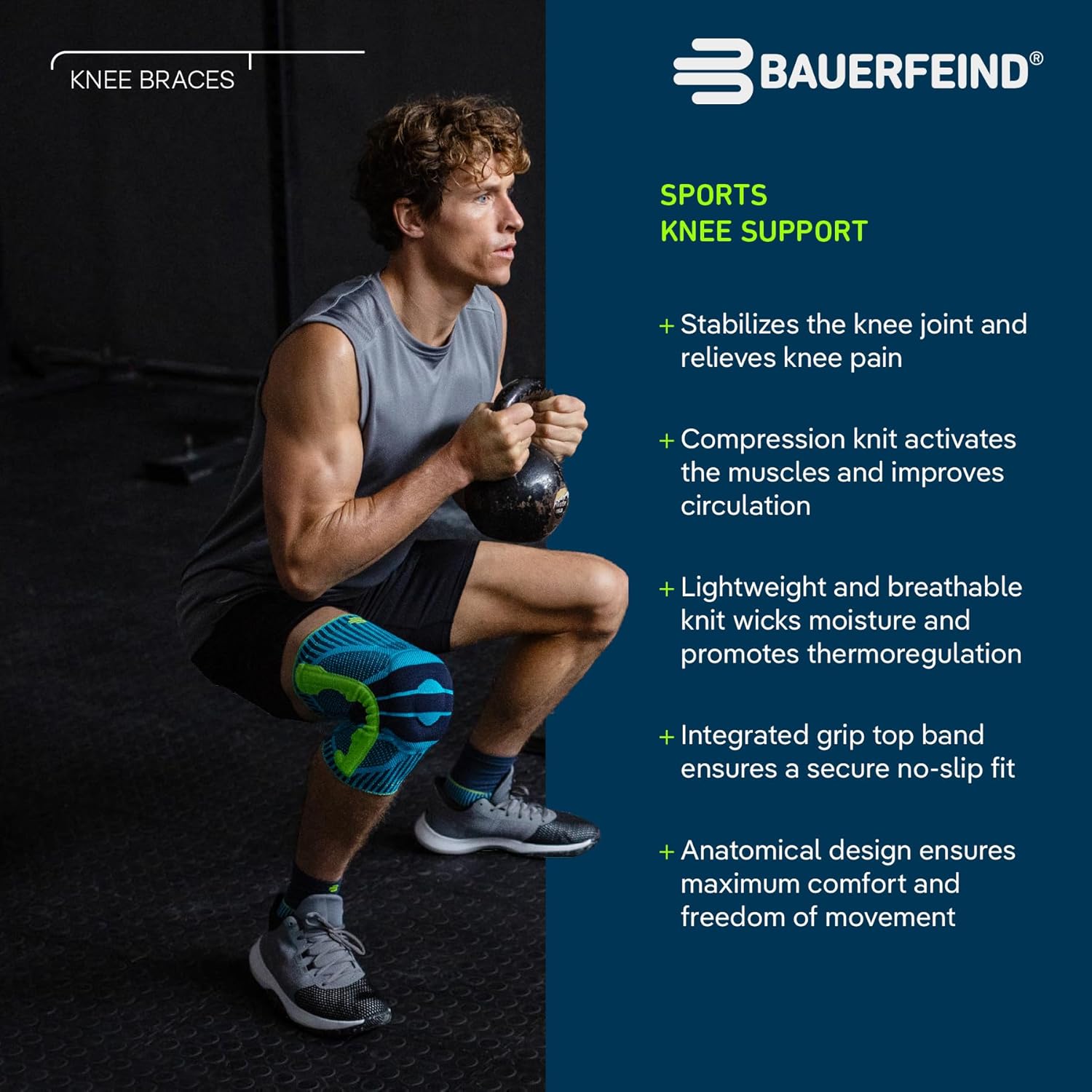 [Color] neoprene compression knee brace with targeted support panel, shown on leg during outdoor activity — view 2