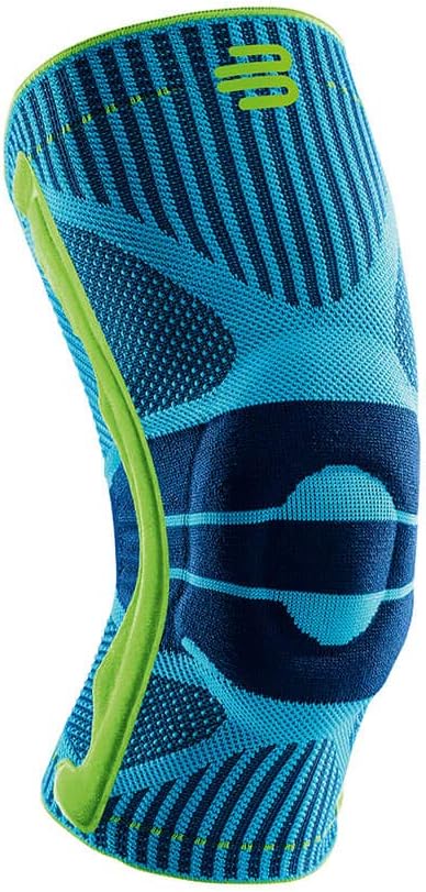 [Color] neoprene compression knee brace with targeted support panel, shown on leg during outdoor activity — view 3