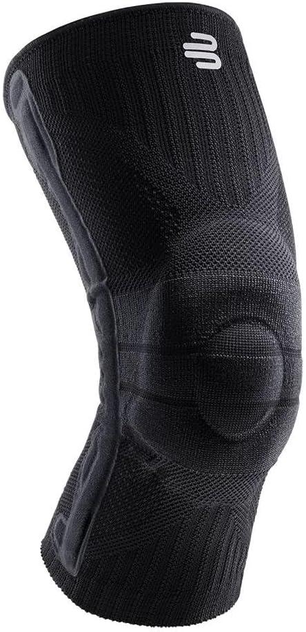 [Color] neoprene compression knee brace with targeted support panel, shown on leg during outdoor activity — view 4
