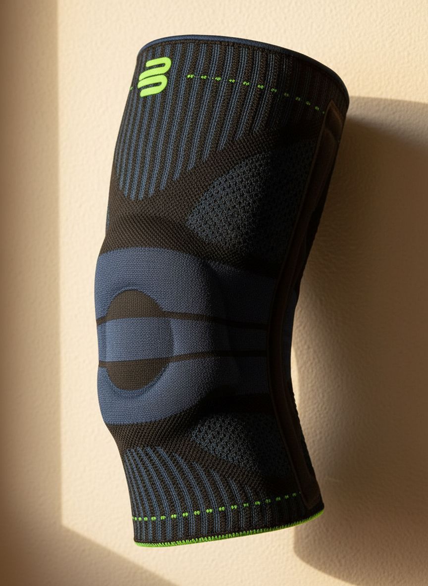 [Color] neoprene compression knee brace with targeted support panel, shown on leg during outdoor activity — view 2
