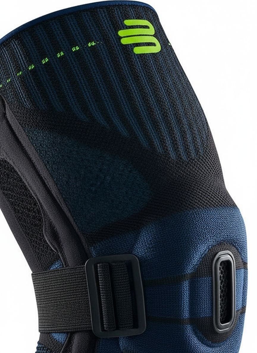 [Color] neoprene compression knee brace with targeted support panel, shown on leg during outdoor activity — view 4
