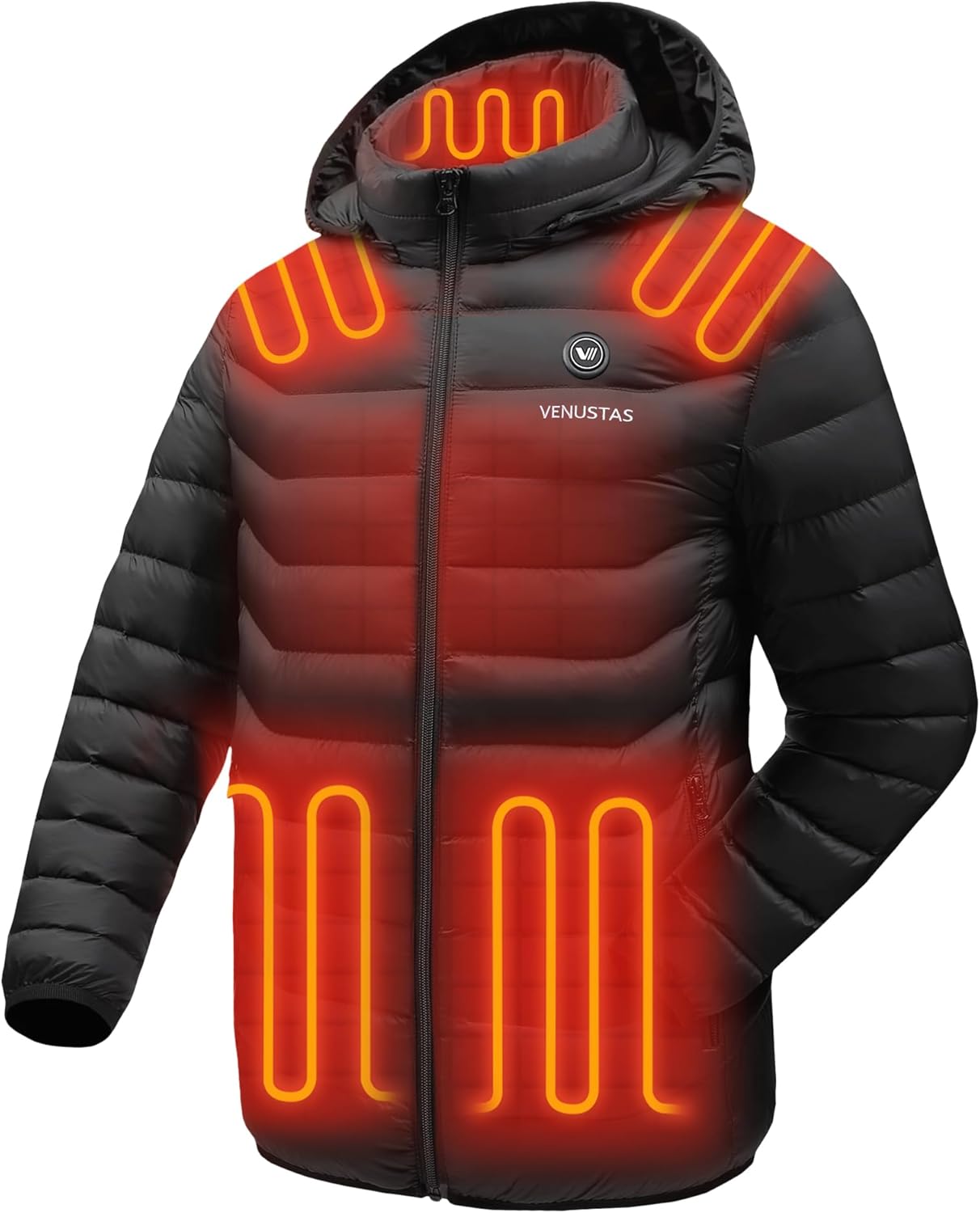 Unisex [color] heated jacket with detachable hood and visible battery pack control unit — view 1