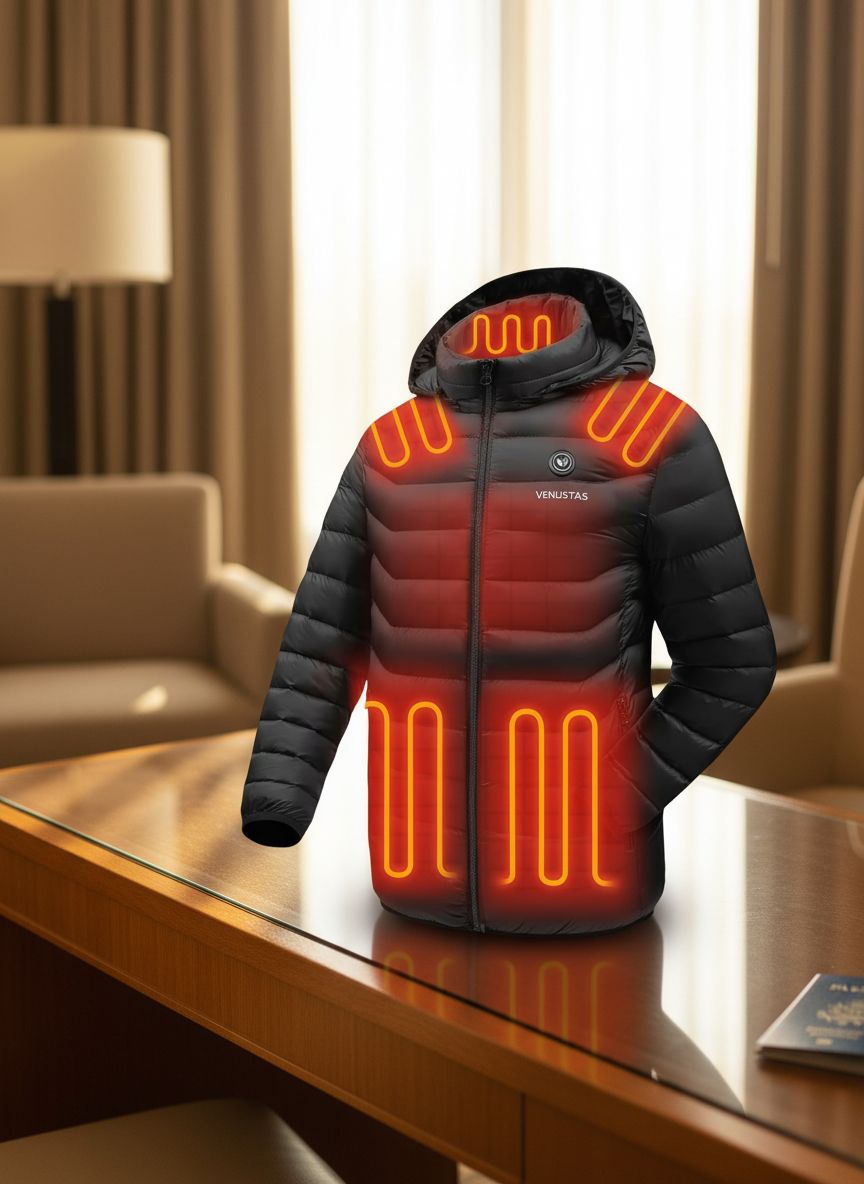 Unisex [color] heated jacket with detachable hood and visible battery pack control unit — view 1