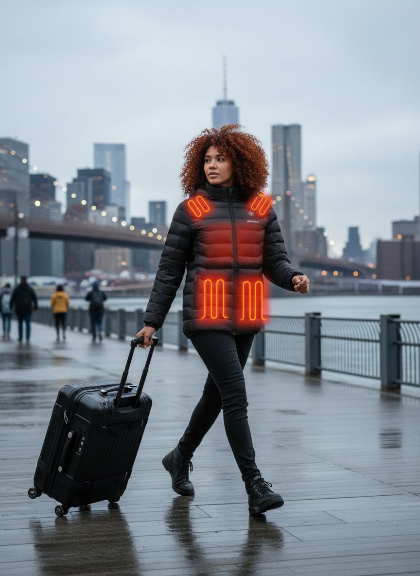 Unisex [color] heated jacket with detachable hood and visible battery pack control unit — view 3a