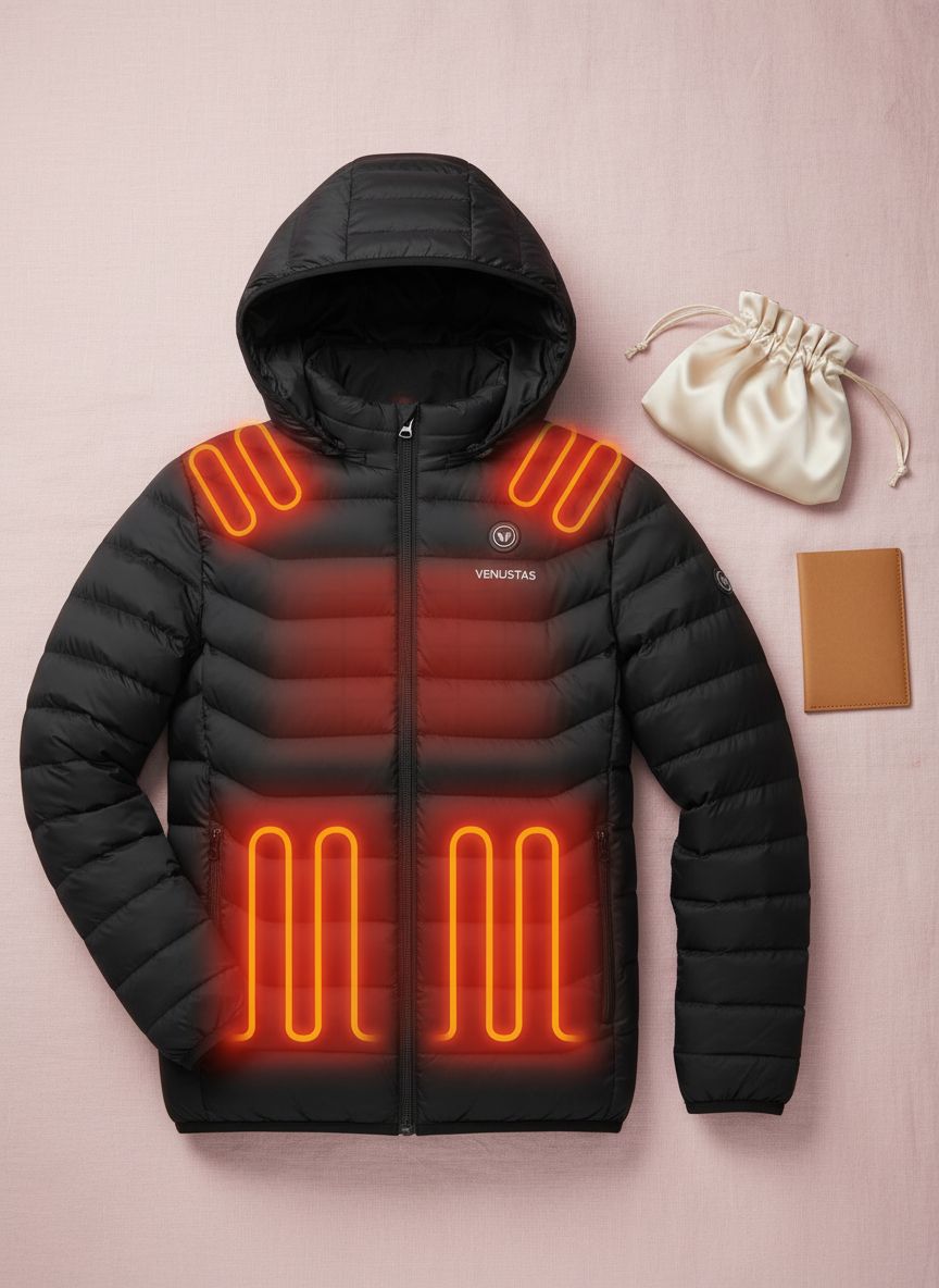 Unisex [color] heated jacket with detachable hood and visible battery pack control unit — view 7a