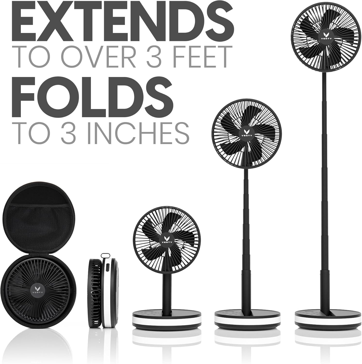 [Color] wireless portable fan with LED lighting and remote control, shown with carry case for road trip travel — view 3