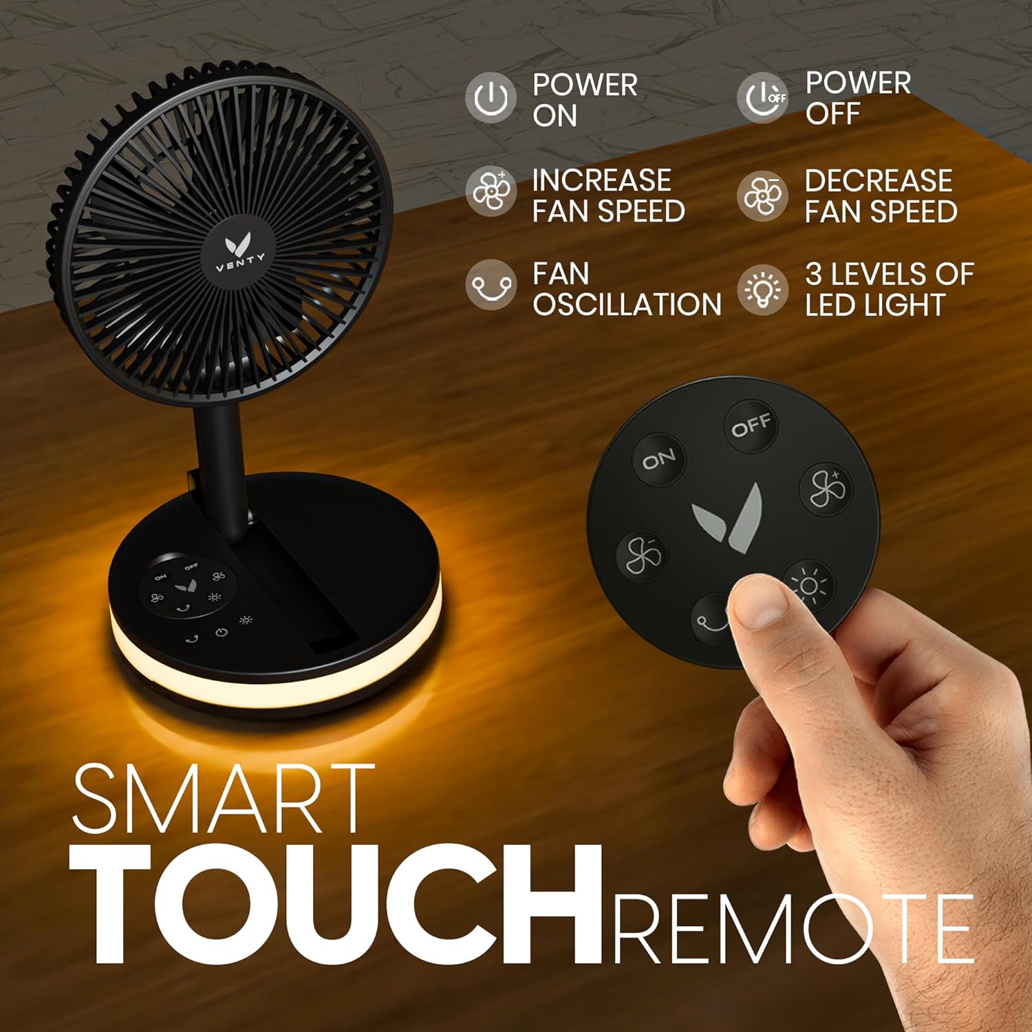 [Color] wireless portable fan with LED lighting and remote control, shown with carry case for road trip travel — view 4