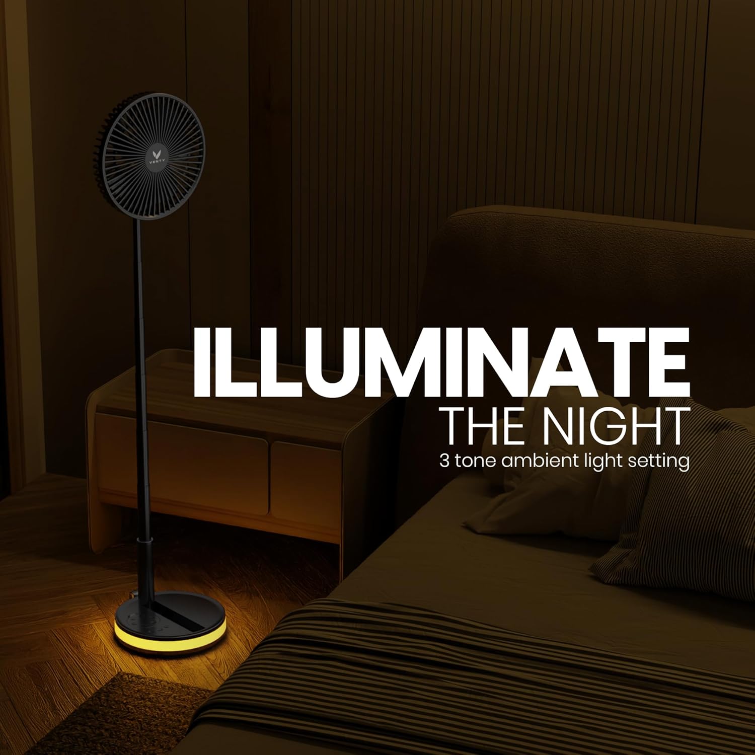 [Color] wireless portable fan with LED lighting and remote control, shown with carry case for road trip travel — view 2