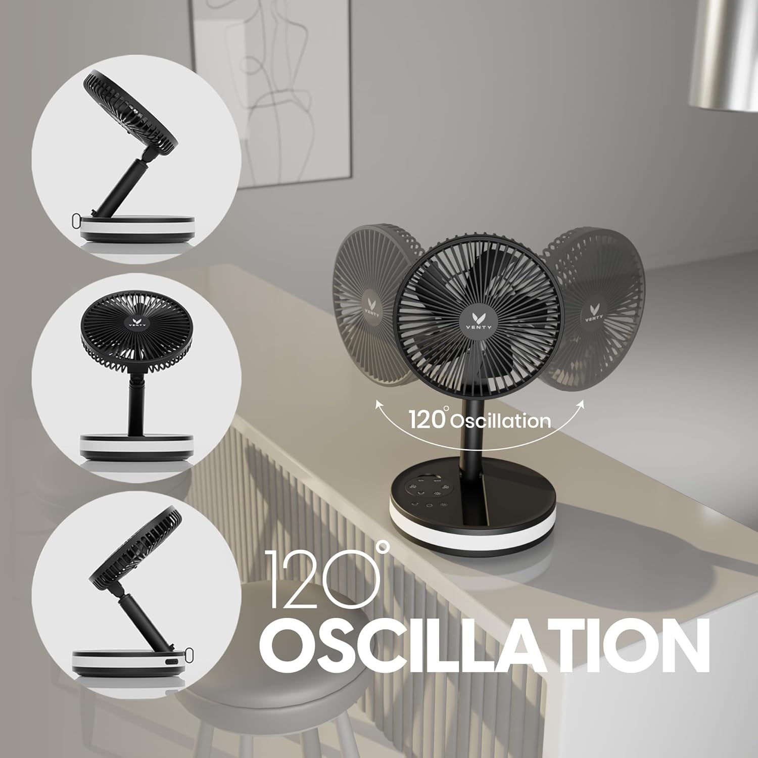 [Color] wireless portable fan with LED lighting and remote control, shown with carry case for road trip travel — view 3