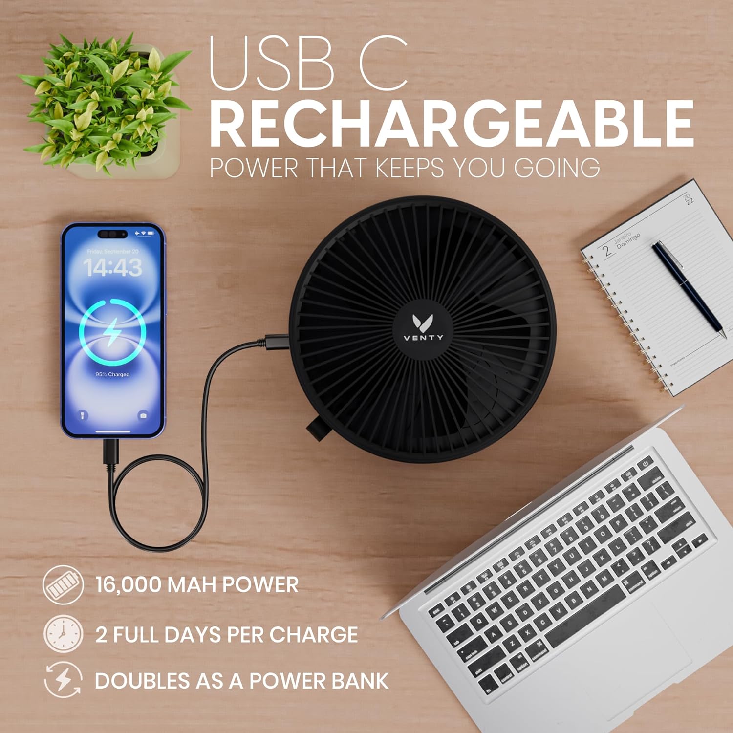[Color] wireless portable fan with LED lighting and remote control, shown with carry case for road trip travel — view 4