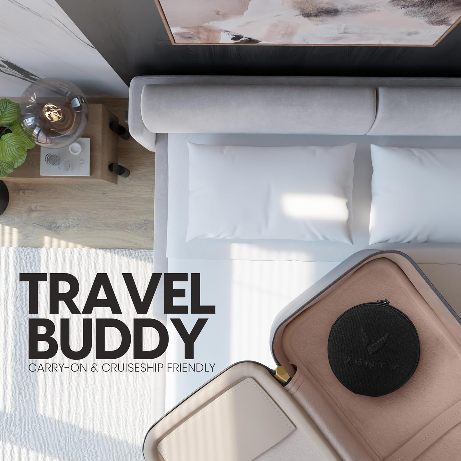 [Color] wireless portable fan with LED lighting and remote control, shown with carry case for road trip travel — view 5