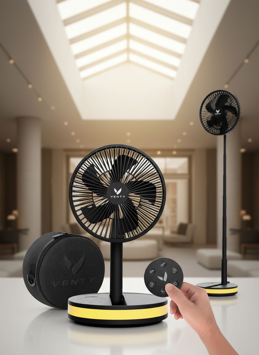 [Color] wireless portable fan with LED lighting and remote control, shown with carry case for road trip travel — view 1