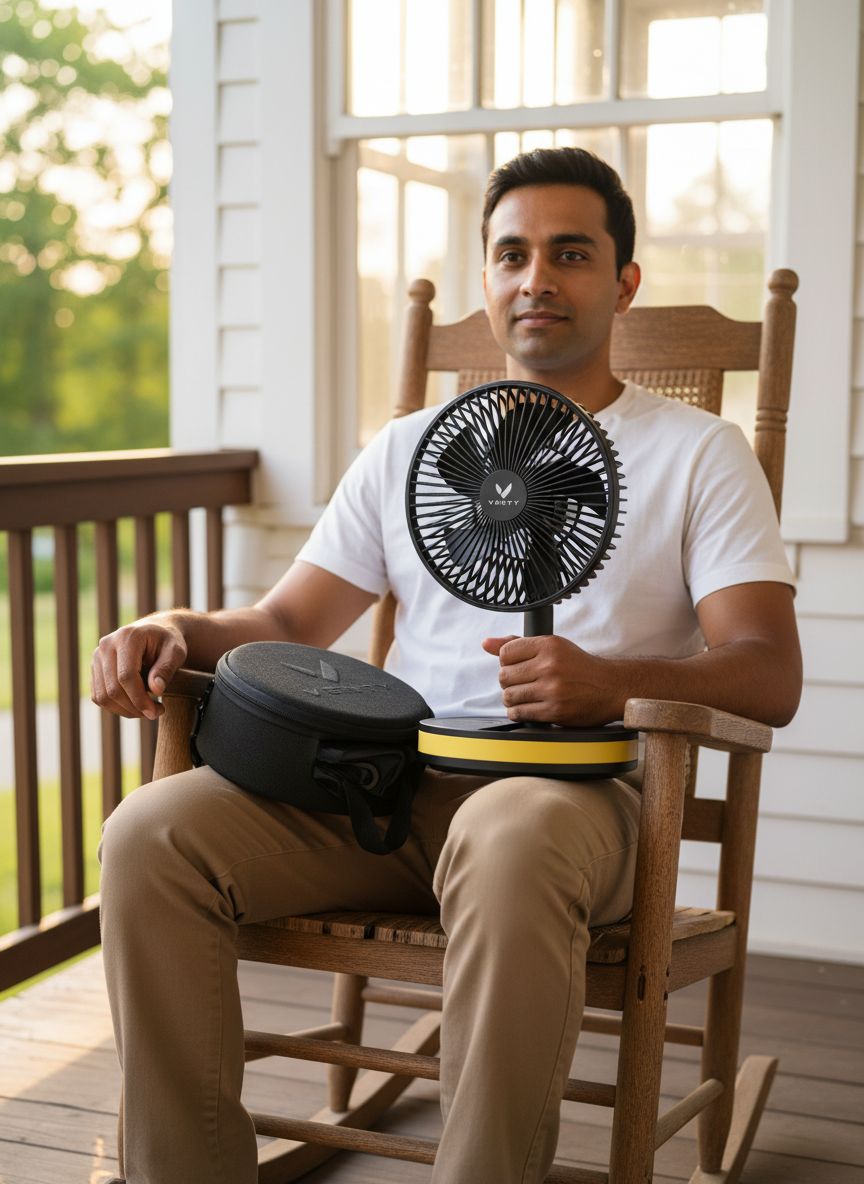 [Color] wireless portable fan with LED lighting and remote control, shown with carry case for road trip travel — view 4