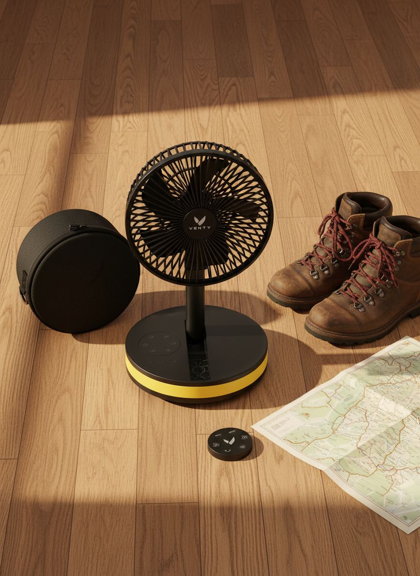 [Color] wireless portable fan with LED lighting and remote control, shown with carry case for road trip travel — view 7a