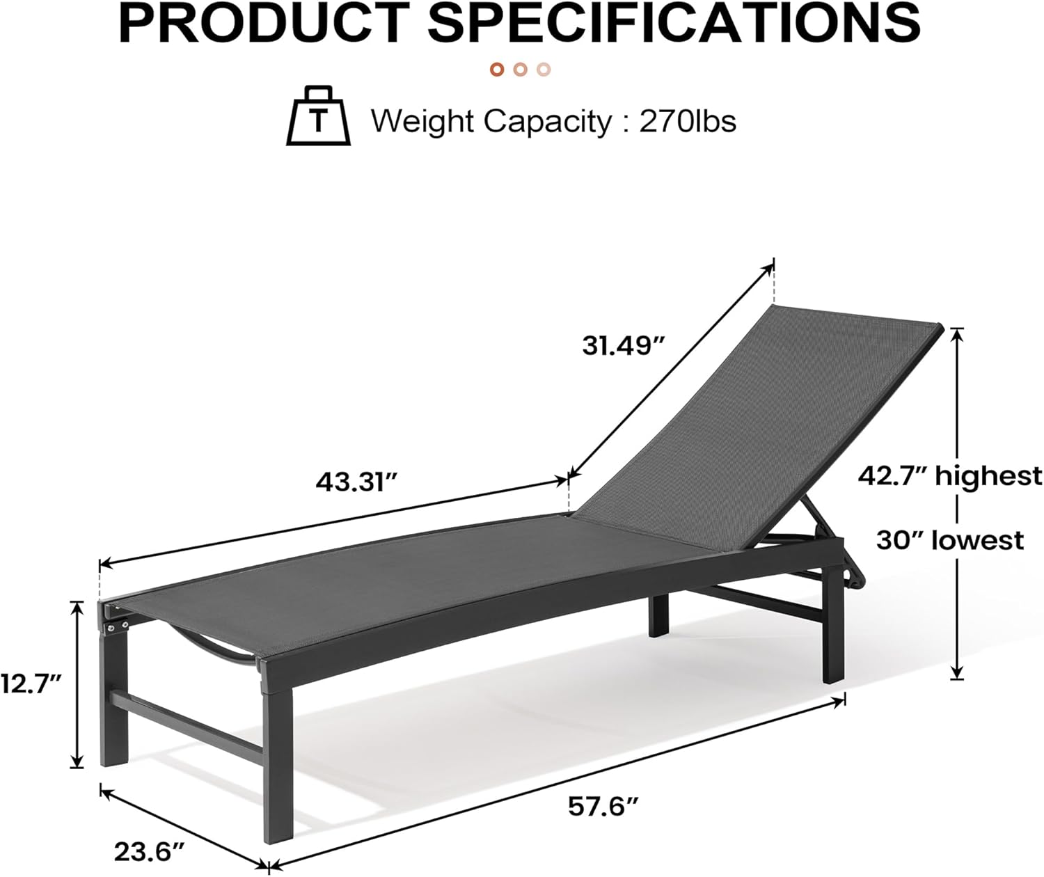 Black aluminum chaise lounge chair with five-position adjustable backrest, shown on beach or patio setting โ view 2