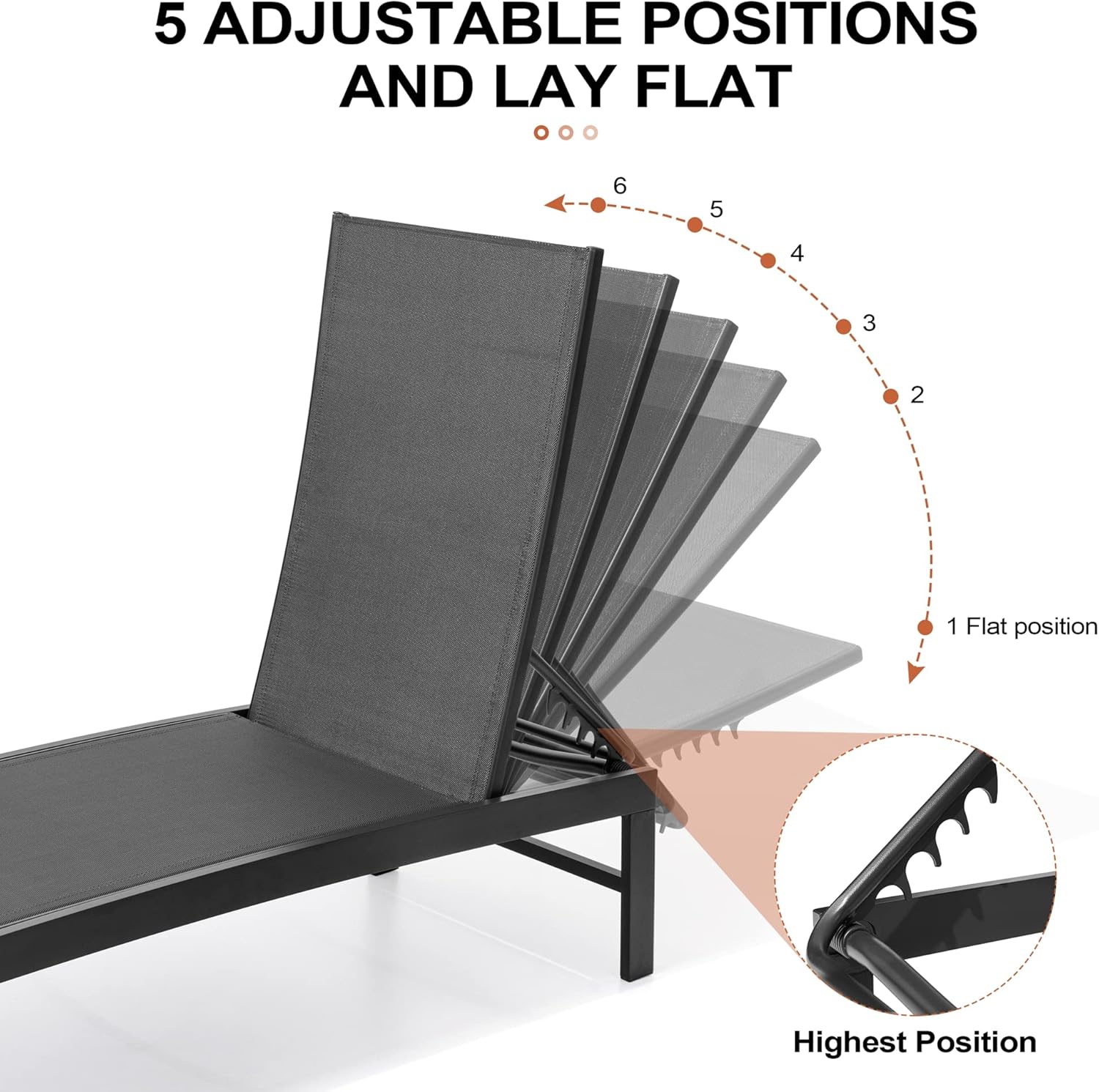 Black aluminum chaise lounge chair with five-position adjustable backrest, shown on beach or patio setting โ view 4