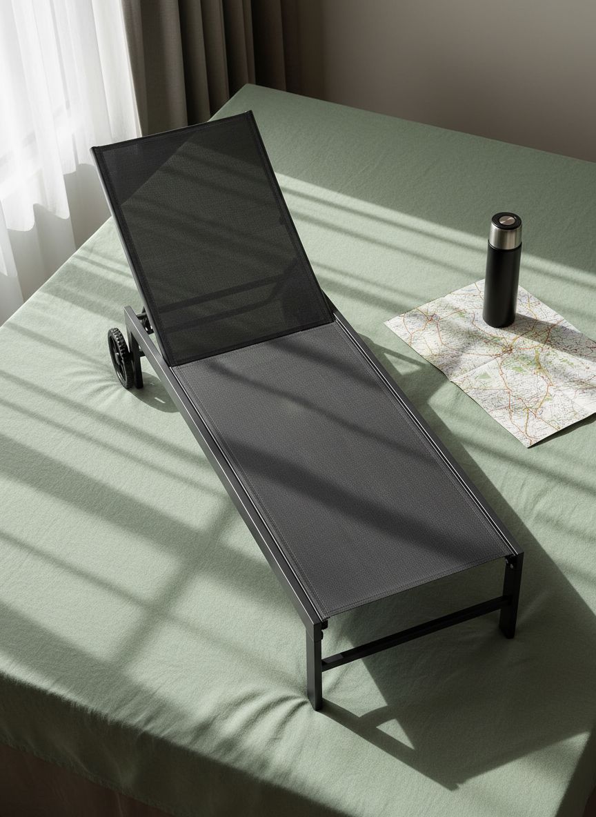 Black aluminum chaise lounge chair with five-position adjustable backrest, shown on beach or patio setting — view 7a