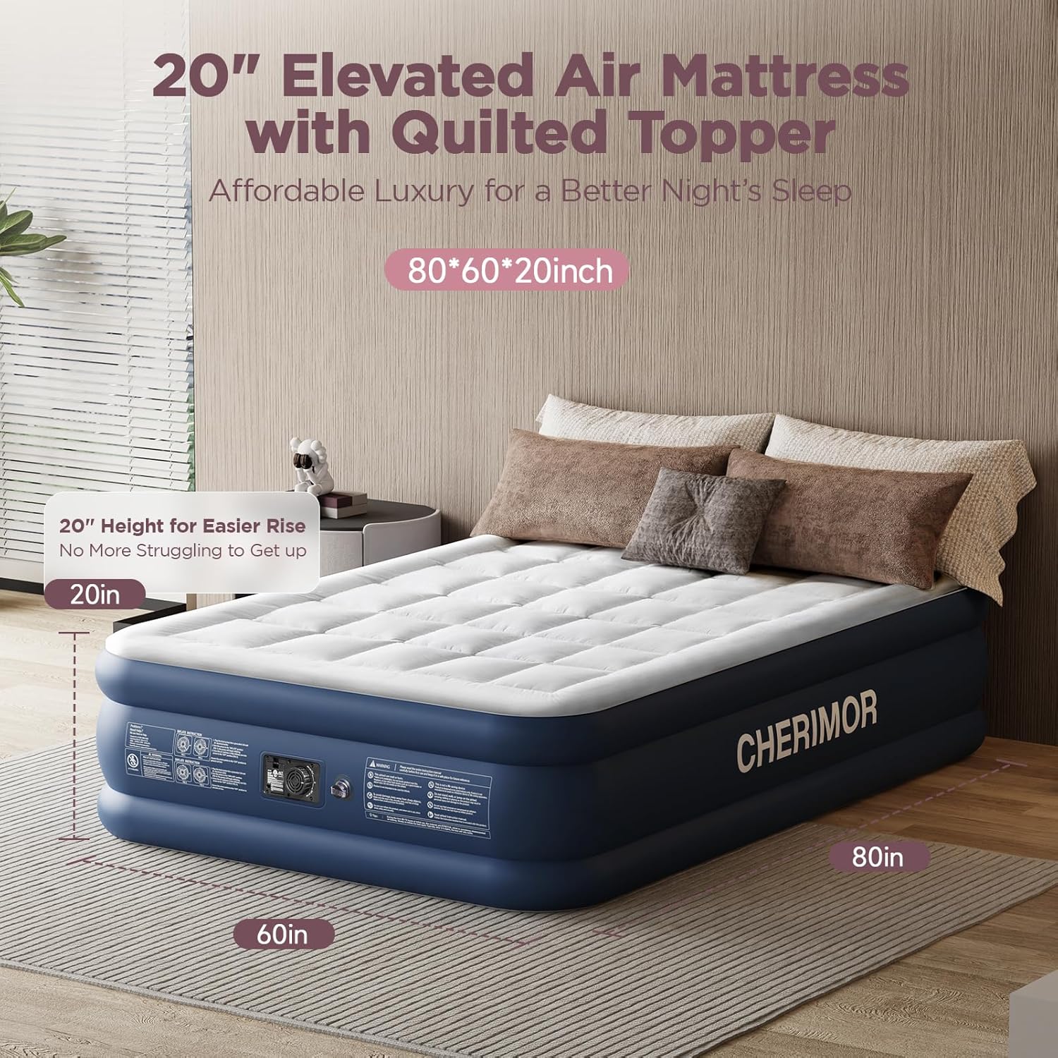 Queen-size air mattress in gray vinyl with quilted polyester topper, featuring built-in electric pump and raised edge design for camping comfort โ view 4