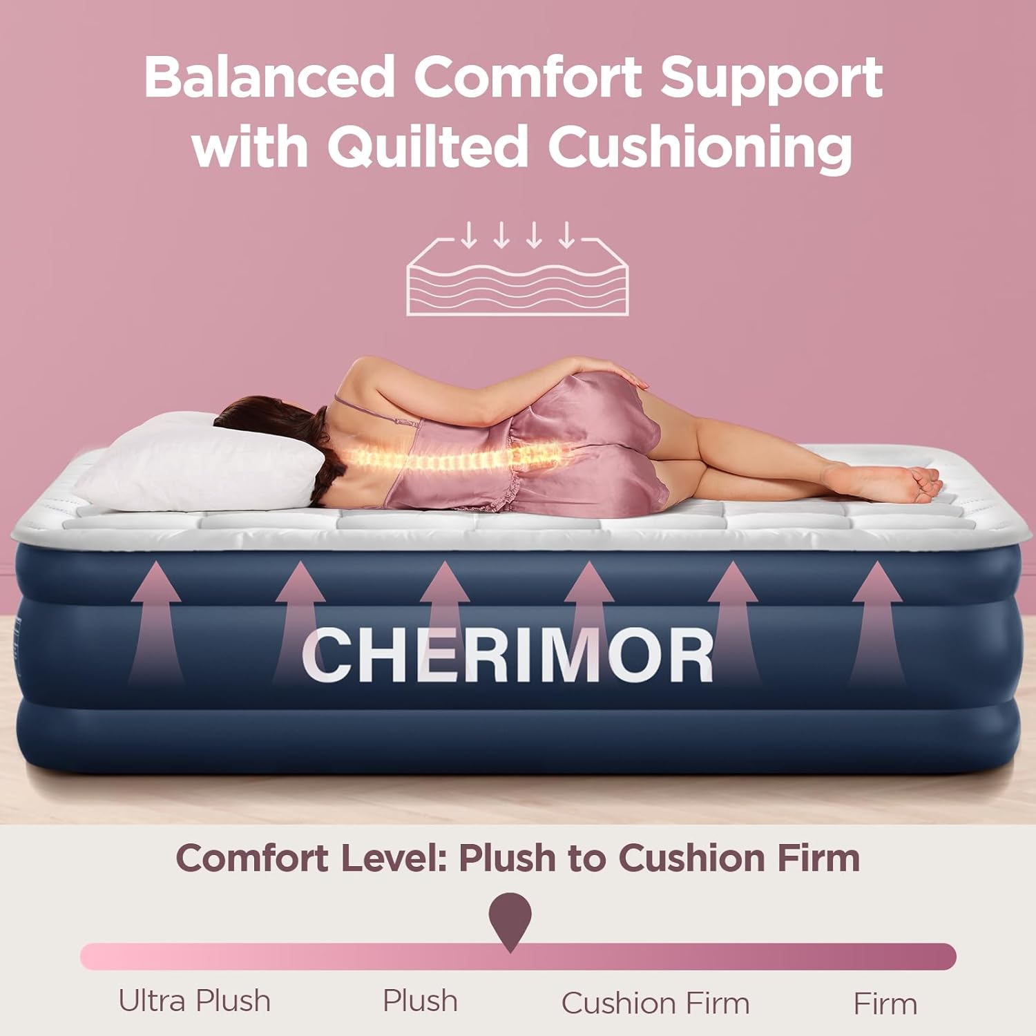 Queen-size air mattress in gray vinyl with quilted polyester topper, featuring built-in electric pump and raised edge design for camping comfort โ view 2