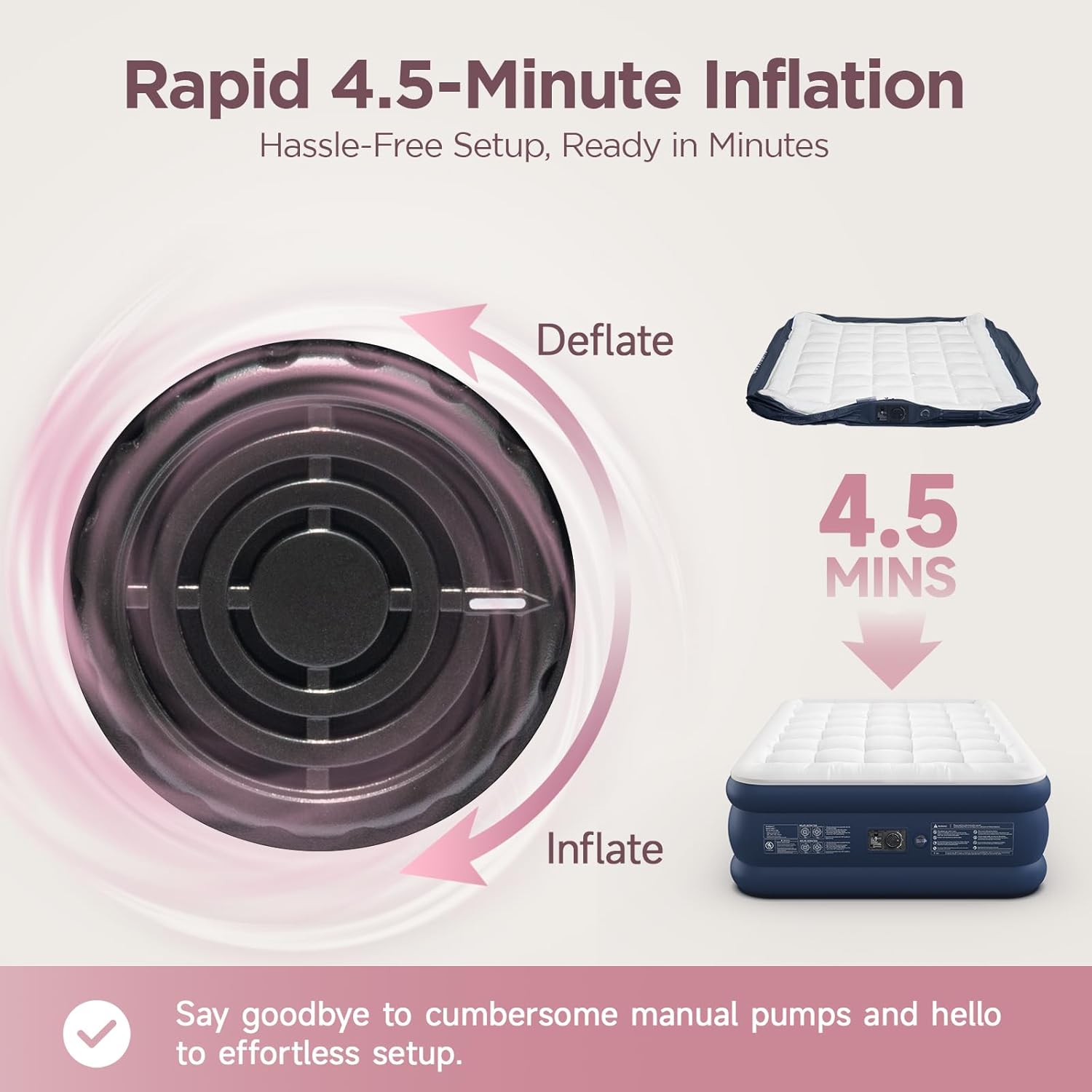 Queen-size air mattress in gray vinyl with quilted polyester topper, featuring built-in electric pump and raised edge design for camping comfort โ view 3