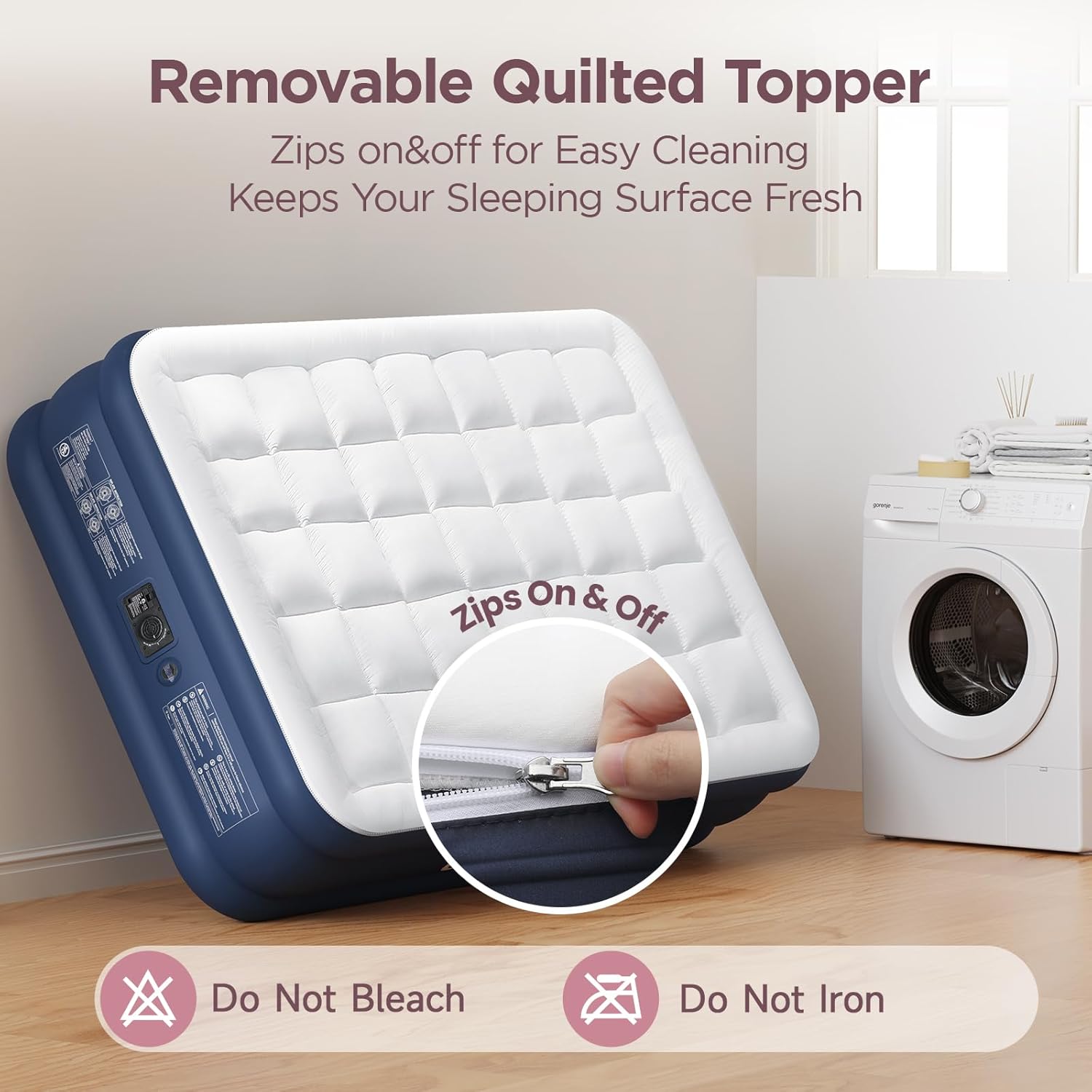 Queen-size air mattress in gray vinyl with quilted polyester topper, featuring built-in electric pump and raised edge design for camping comfort โ view 4