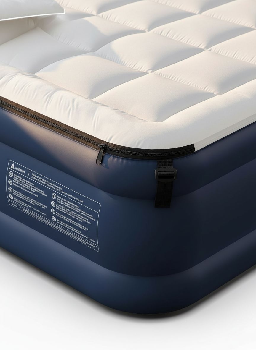 Queen-size air mattress in gray vinyl with quilted polyester topper, featuring built-in electric pump and raised edge design for camping comfort β view 4