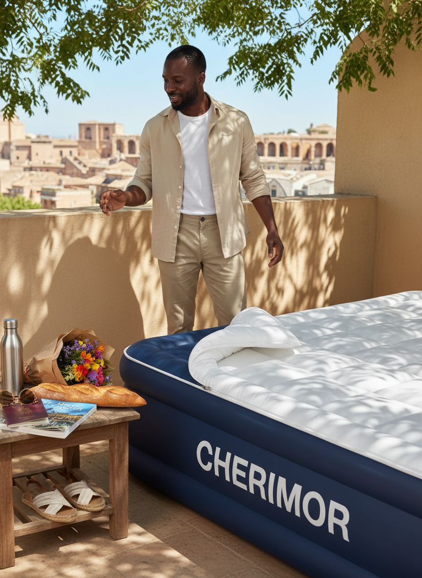 Queen-size air mattress in gray vinyl with quilted polyester topper, featuring built-in electric pump and raised edge design for camping comfort β view 5a