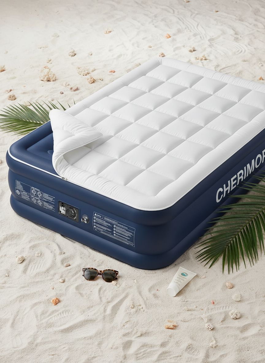Queen-size air mattress in gray vinyl with quilted polyester topper, featuring built-in electric pump and raised edge design for camping comfort β view 7a