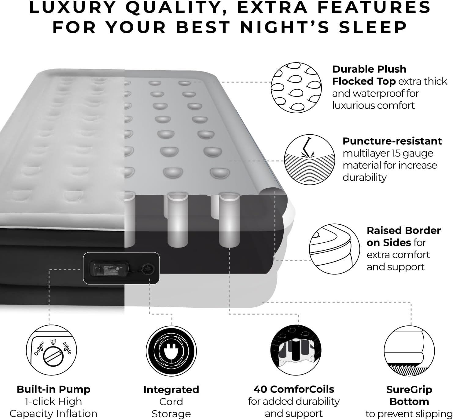 Queen-size air mattress in gray vinyl with ComfortCoil technology, featuring built-in high-capacity pump for easy inflation โ view 3