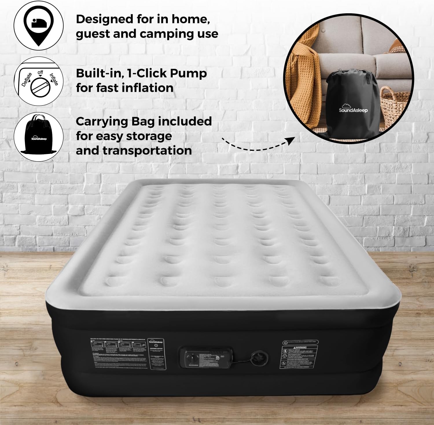 Queen-size air mattress in gray vinyl with ComfortCoil technology, featuring built-in high-capacity pump for easy inflation โ view 2