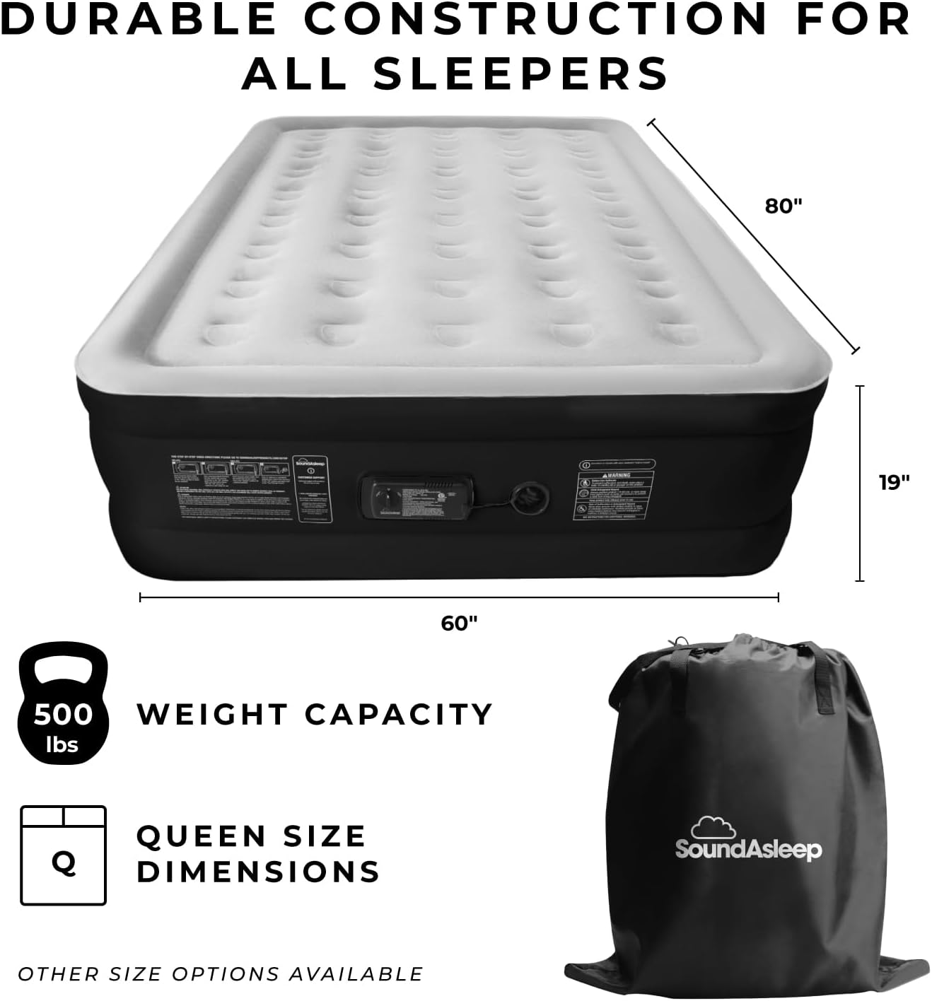 Queen-size air mattress in gray vinyl with ComfortCoil technology, featuring built-in high-capacity pump for easy inflation โ view 3