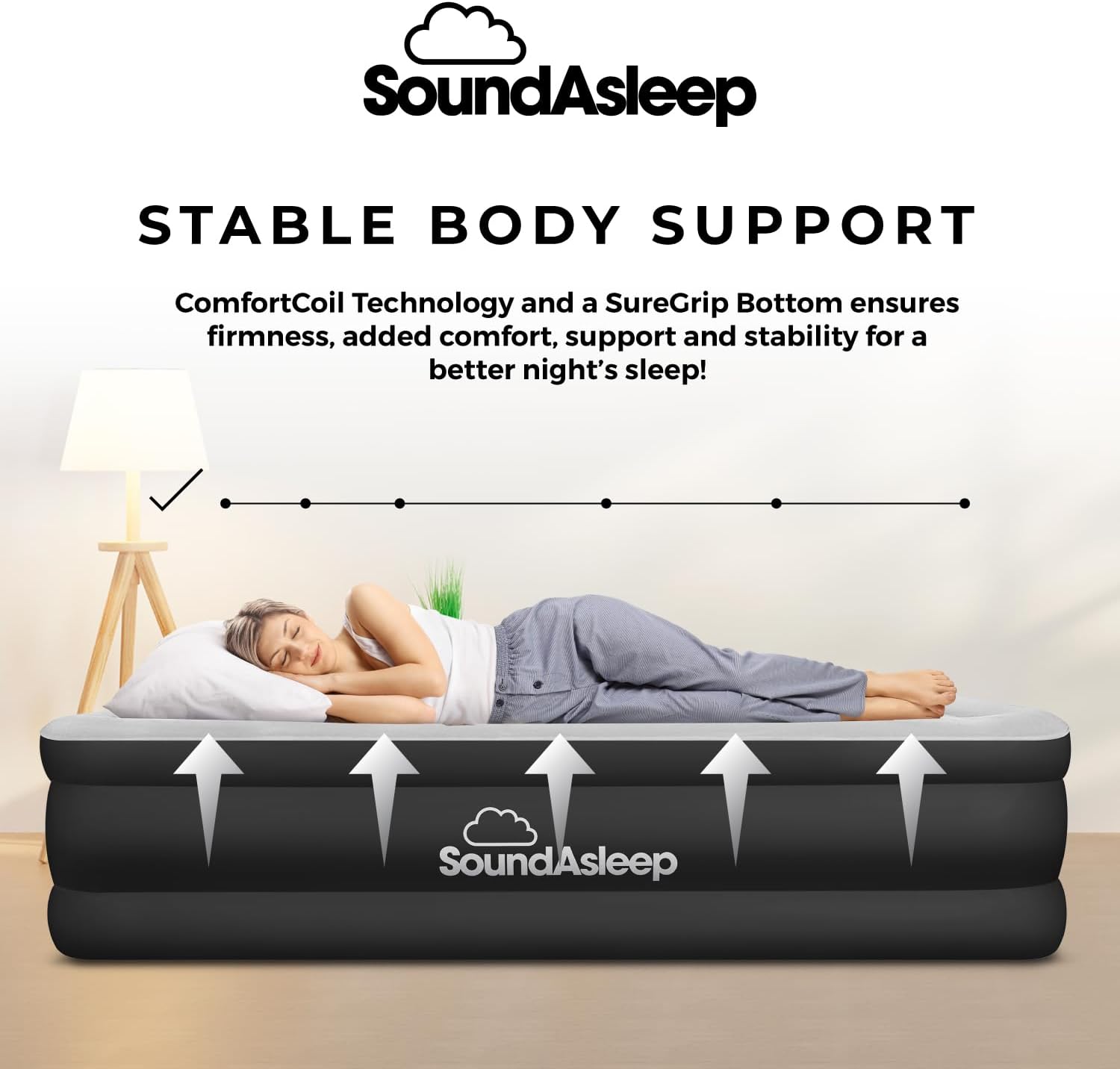Queen-size air mattress in gray vinyl with ComfortCoil technology, featuring built-in high-capacity pump for easy inflation โ view 5
