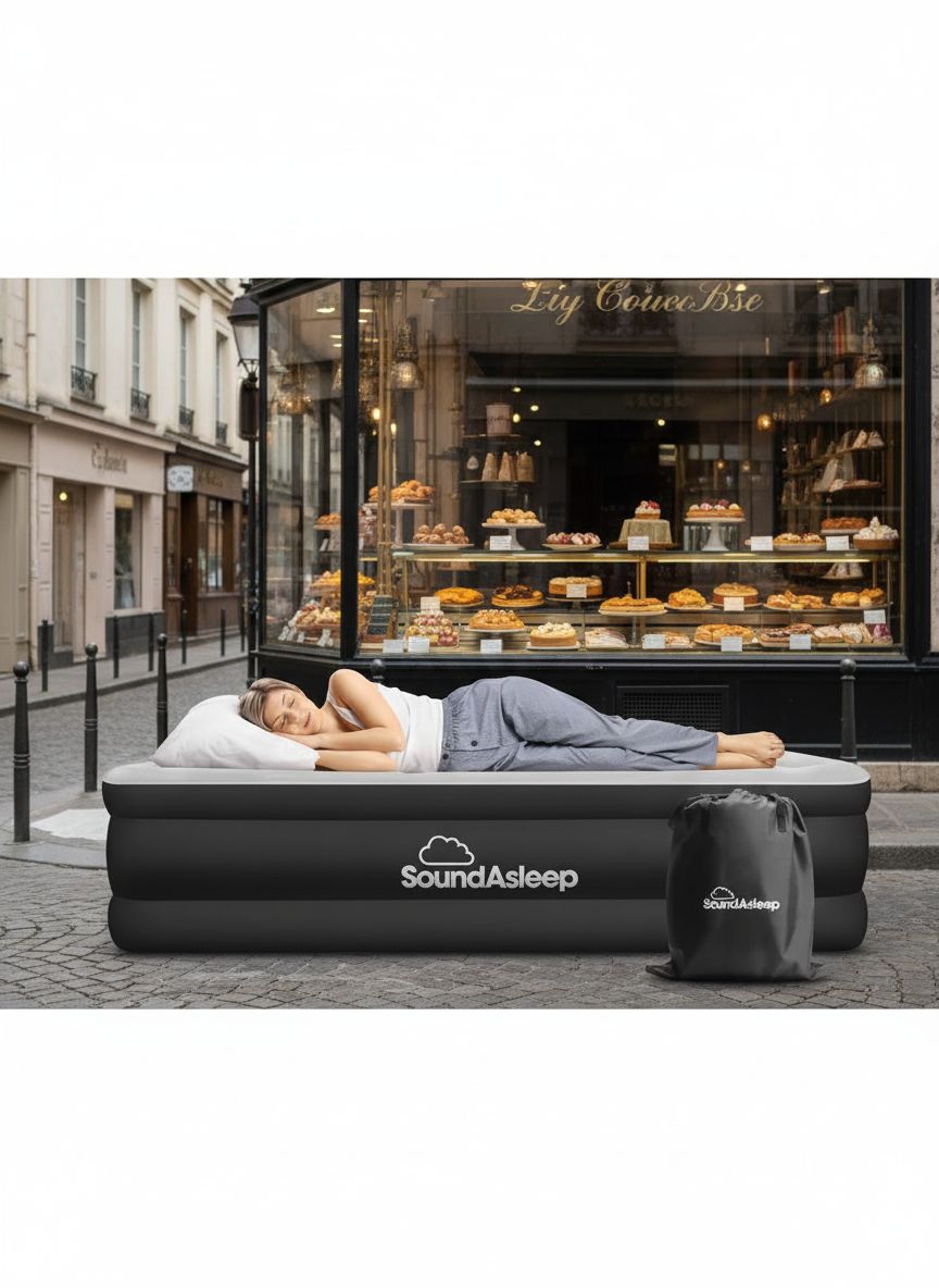 Queen-size air mattress in gray vinyl with ComfortCoil technology, featuring built-in high-capacity pump for easy inflation โ view 3