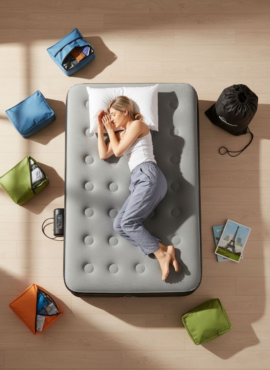 Queen-size air mattress in gray vinyl with ComfortCoil technology, featuring built-in high-capacity pump for easy inflation โ view 7a
