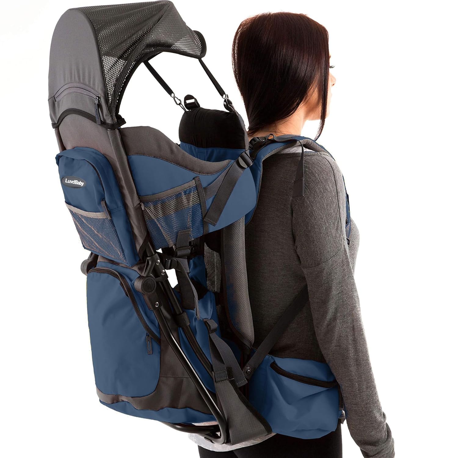 [Color] baby carrier backpack with rain hood and insulated pocket, shown from front view — view 3