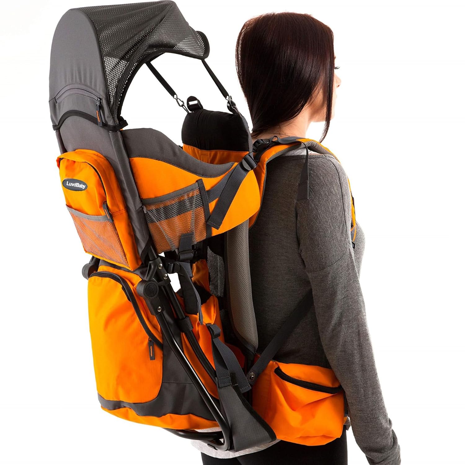 [Color] baby carrier backpack with rain hood and insulated pocket, shown from front view — view 4