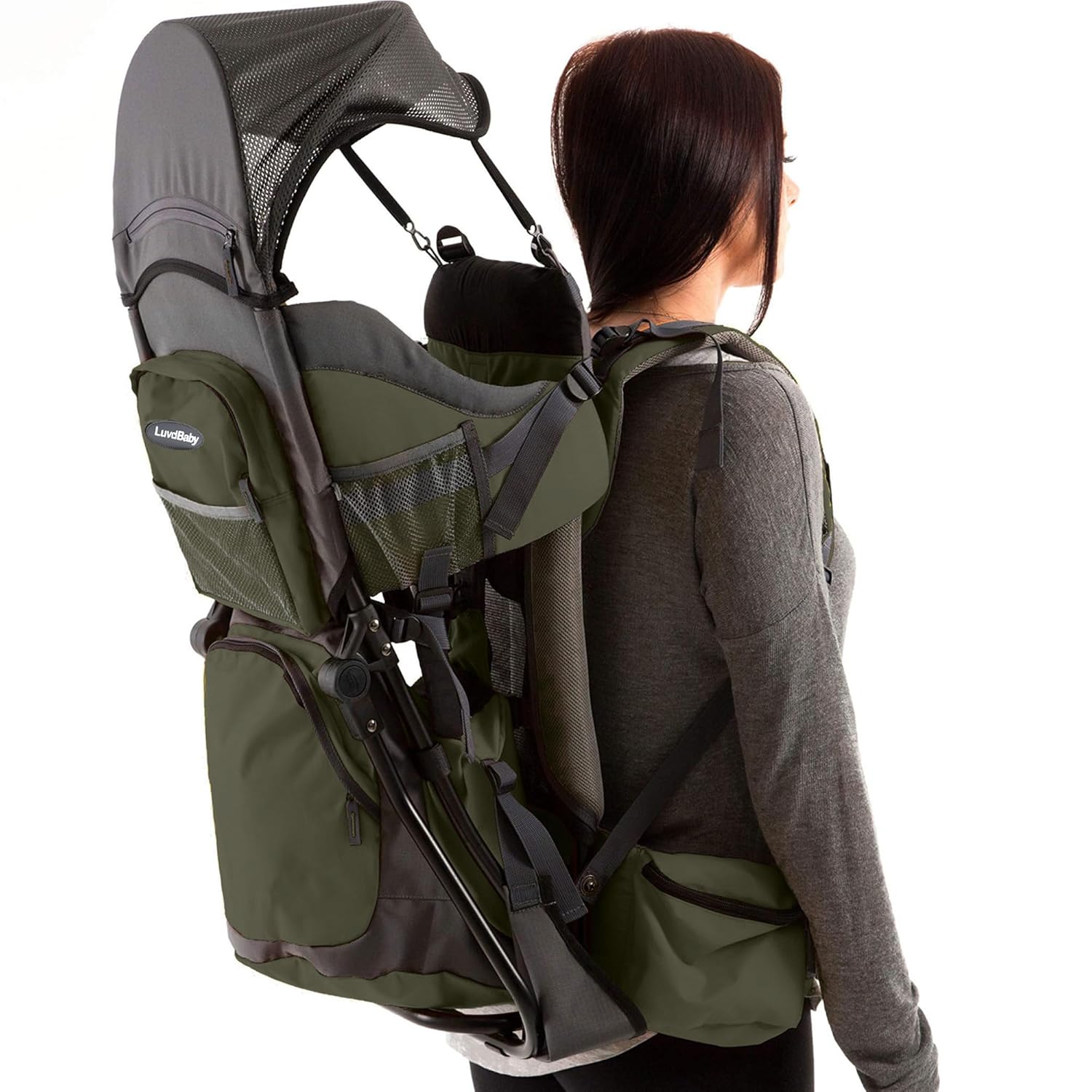 [Color] baby carrier backpack with rain hood and insulated pocket, shown from front view — view 5