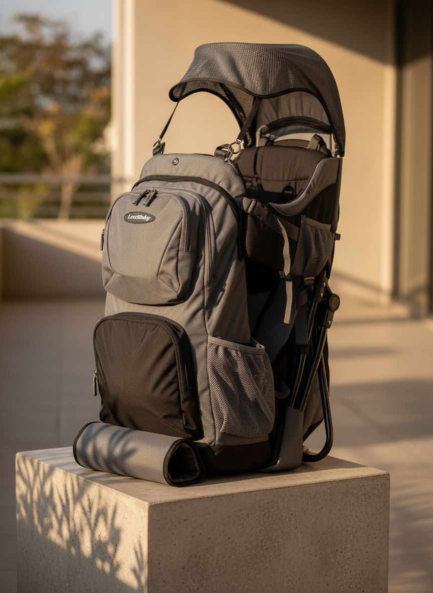 [Color] baby carrier backpack with rain hood and insulated pocket, shown from front view — view 1