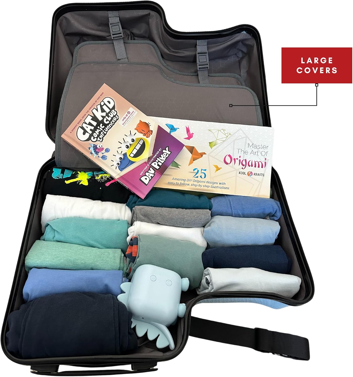 Beige polycarbonate ride-on carry-on suitcase for kids with double spinner red wheels — view 3