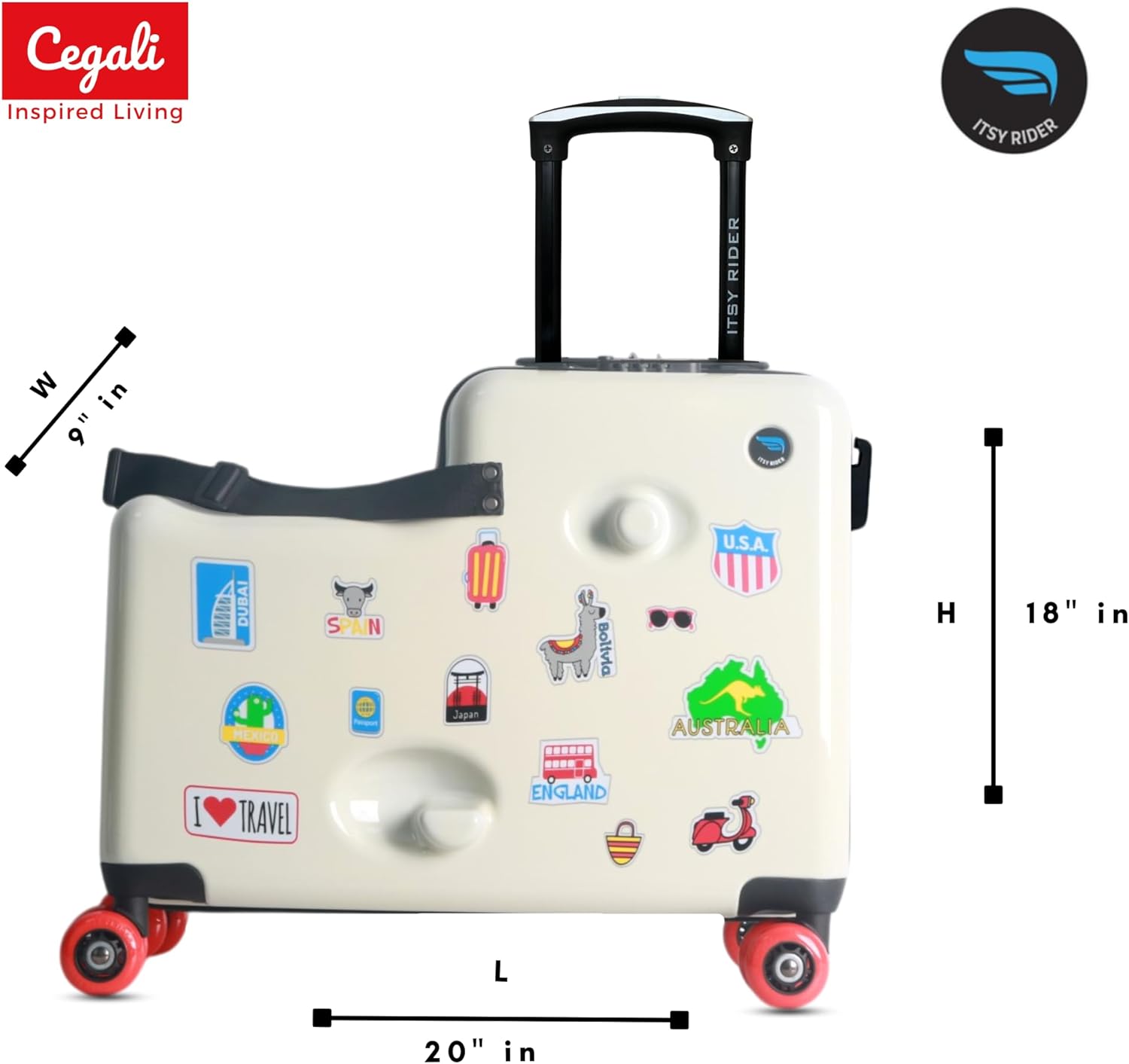 Beige polycarbonate ride-on carry-on suitcase for kids with double spinner red wheels — view 3
