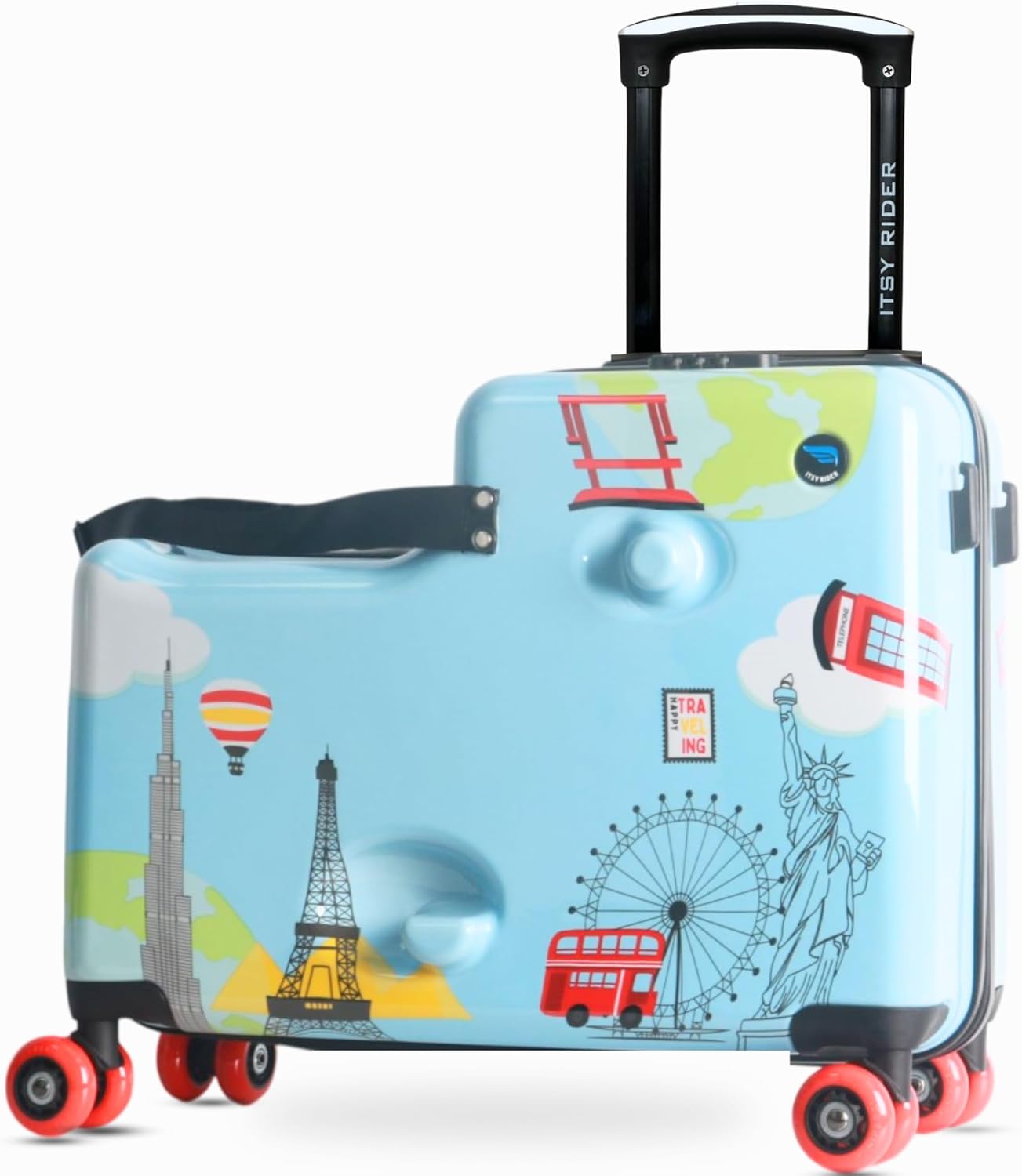 Beige polycarbonate ride-on carry-on suitcase for kids with double spinner red wheels — view 5