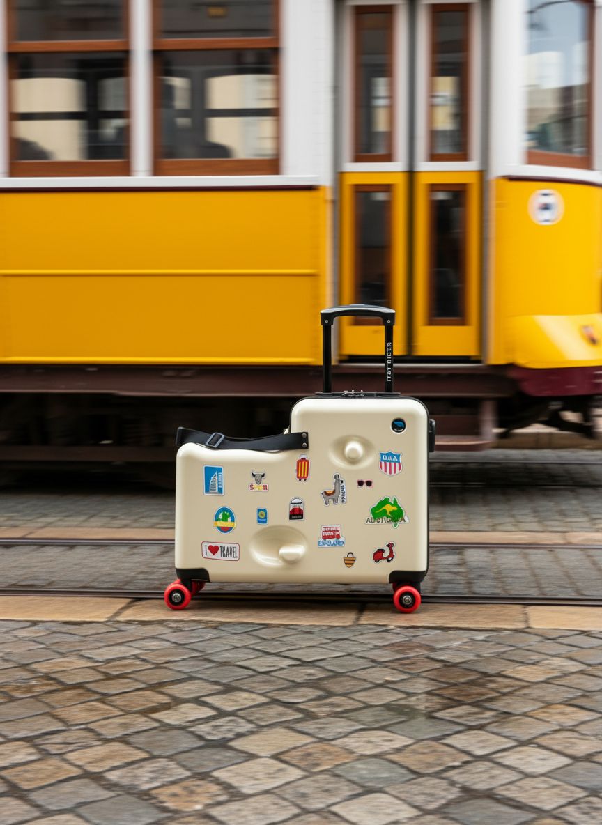 Beige polycarbonate ride-on carry-on suitcase for kids with double spinner red wheels — view 3
