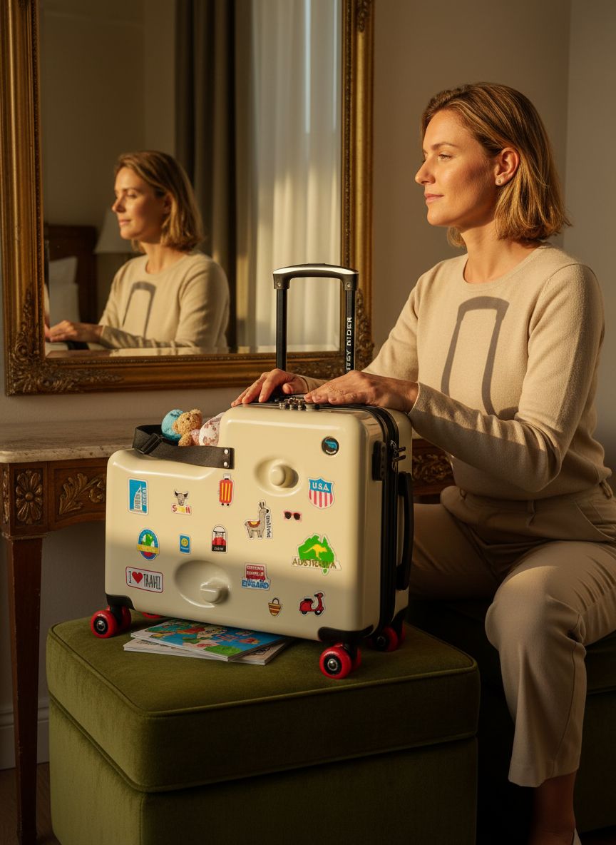 Beige polycarbonate ride-on carry-on suitcase for kids with double spinner red wheels — view 4