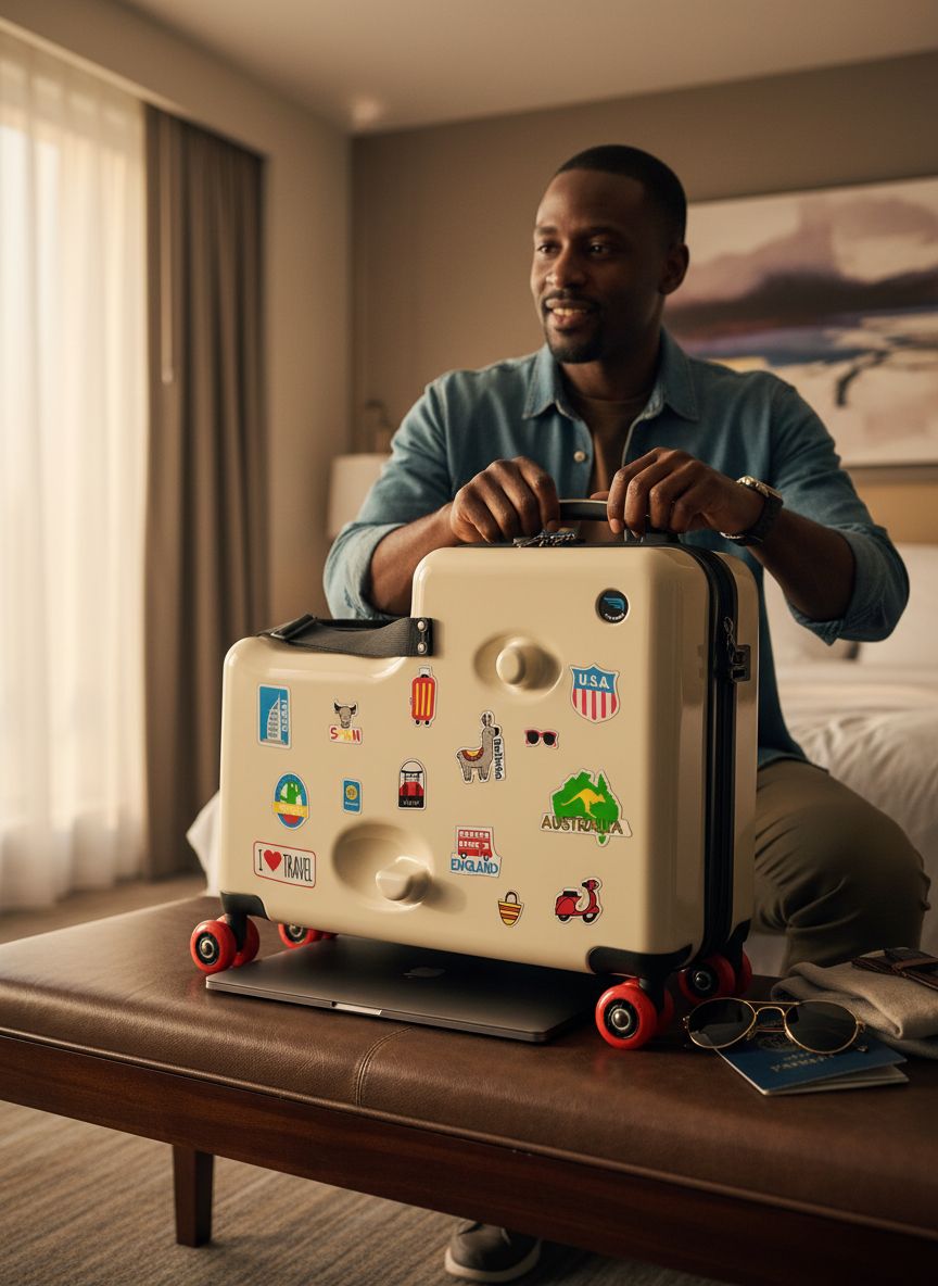 Beige polycarbonate ride-on carry-on suitcase for kids with double spinner red wheels — view 6