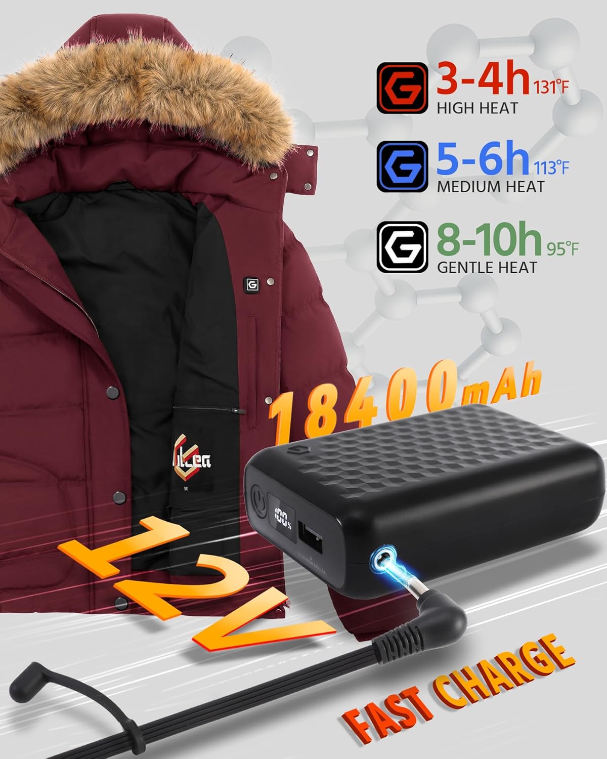 Women's [color] graphene heated jacket with waterproof exterior and fast-charge battery pack — view 3