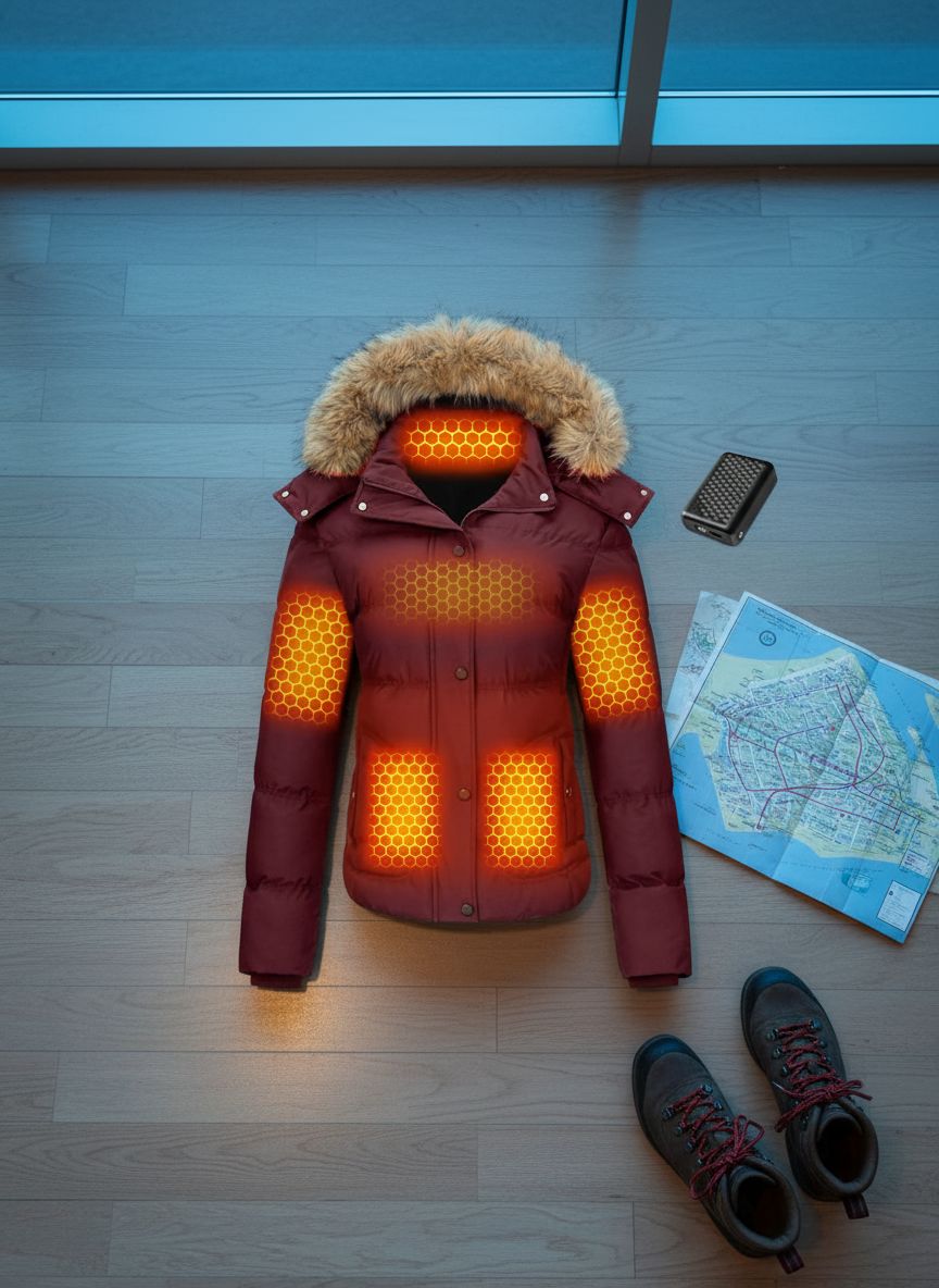 Women's [color] graphene heated jacket with waterproof exterior and fast-charge battery pack — view 7a