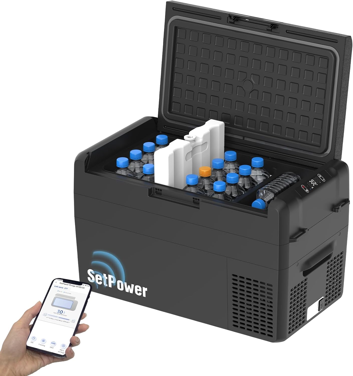 27-quart portable electric cooler in {color} with 12V DC power cord, showing insulated design for vehicle use — view 1