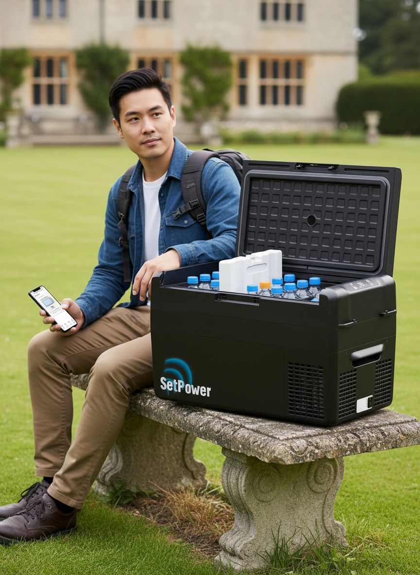 27-quart portable electric cooler in {color} with 12V DC power cord, showing insulated design for vehicle use — view 4